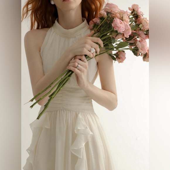 SINCETHEN Timeless Sleeveless Cream Ruffled Tiered Maxi Midi Dress S XS Bridal - Picture 9 of 16